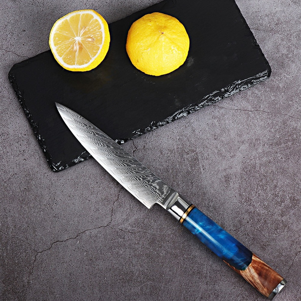 Damascus Knife Steel Kitchen Knife With Blue Resin Handle - Temu