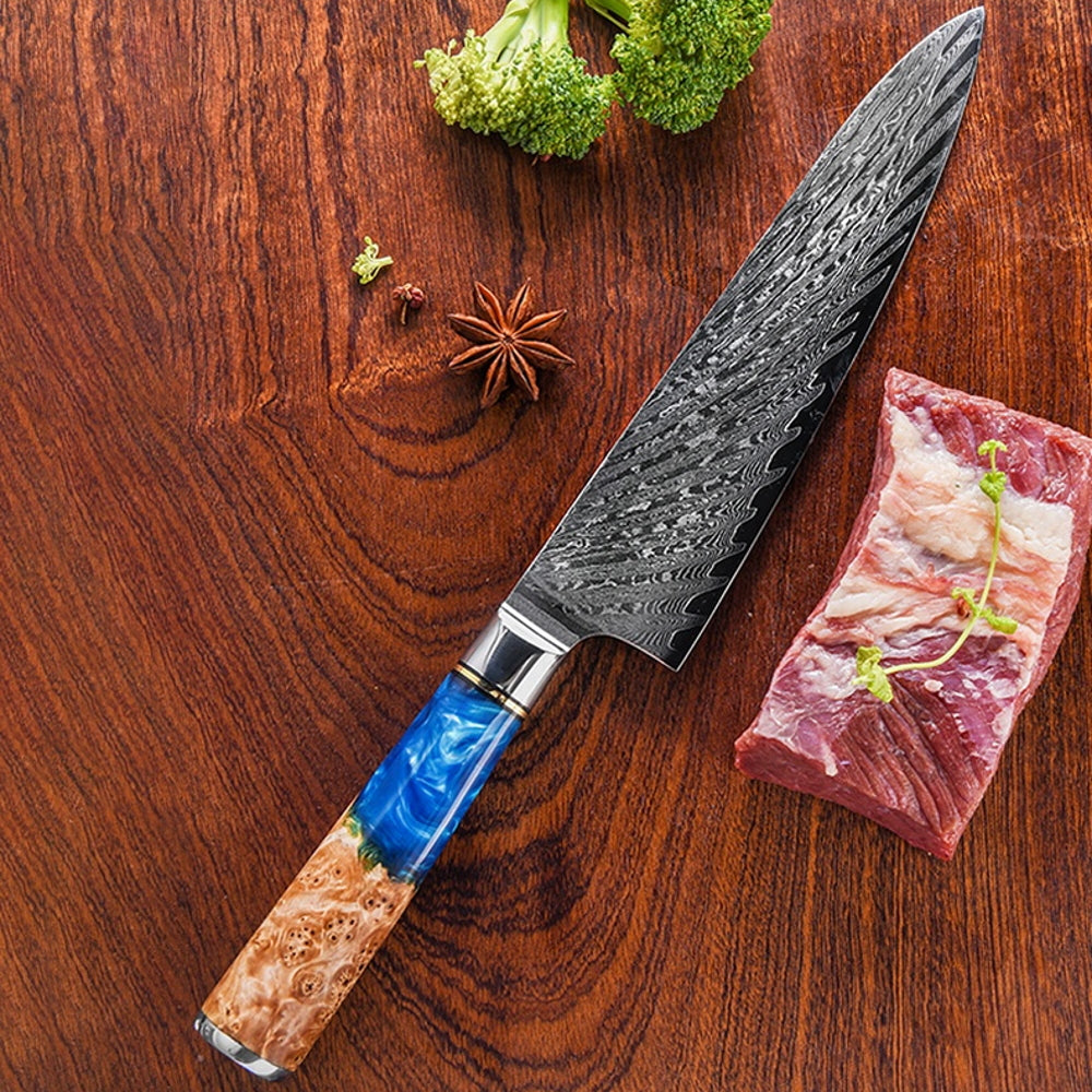 Damascus Knife Steel Kitchen Knife With Blue Resin Handle - Temu